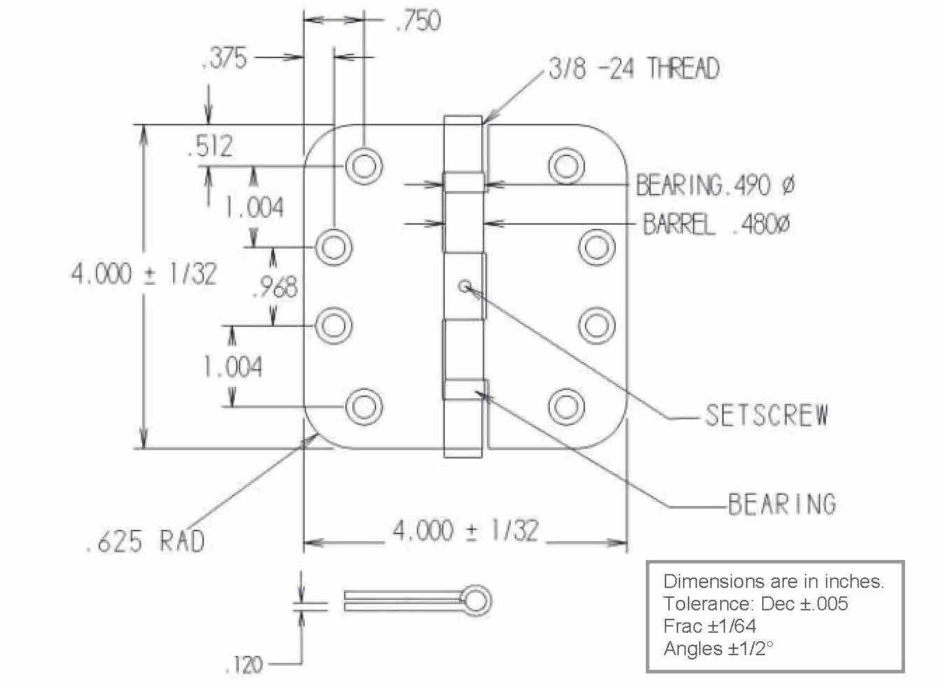 BB4709SS 4" x 4" Stainless Steel Radius Hinge with Heavy Duty Ball