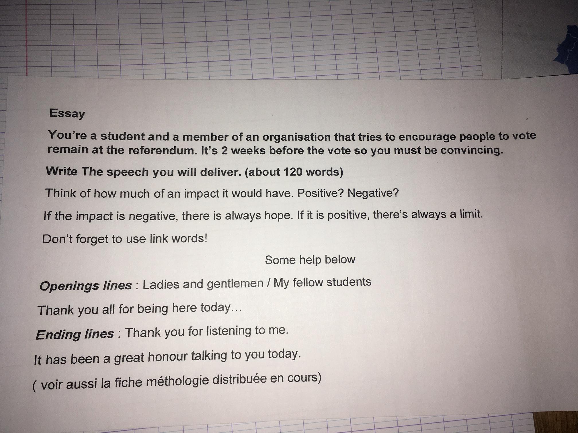 Bonjour, J'ai un speech à faire en anglais et je vous
