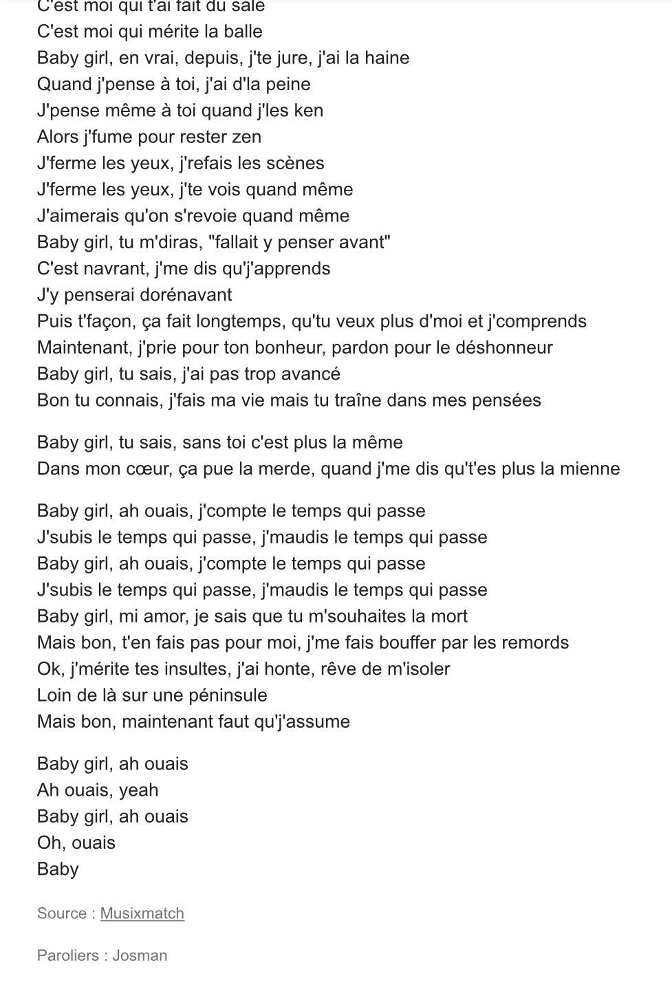 Parole chanson babygitl de josman svp Nosdevoirs.fr