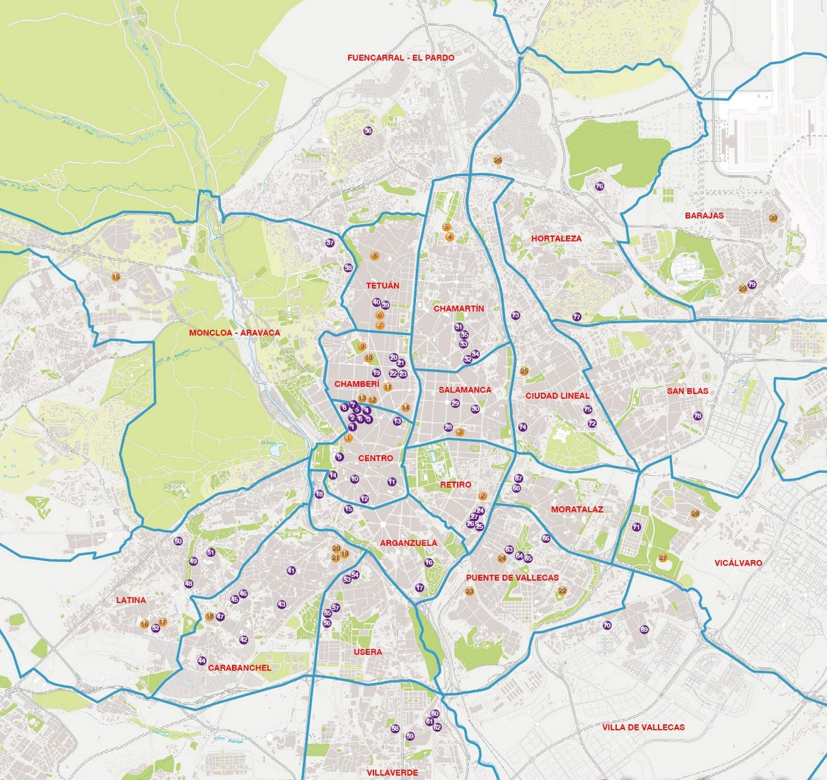 Carte De Madrid Avec Quartiers Plan et carte des 21 arrondissements et quartiers de Madrid