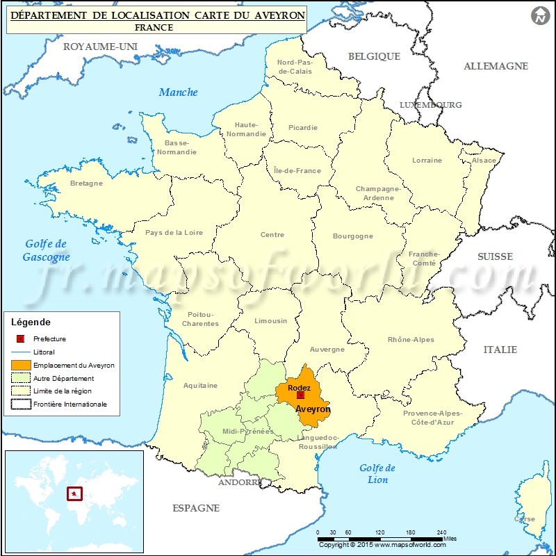 Aveyron Carte de localisation, Département Aveyron, France