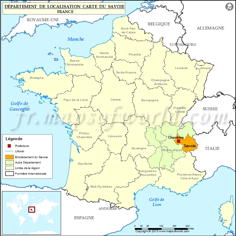 Carte de localisation de la Savoie, département de la Savoie, France