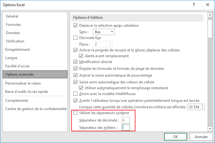 Modifier le point décimal en virgule ou vice versa