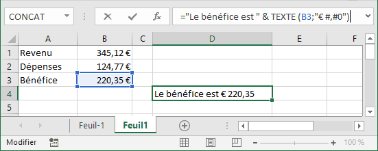 Combiner du texte et valeurs formatées Microsoft Excel 2016