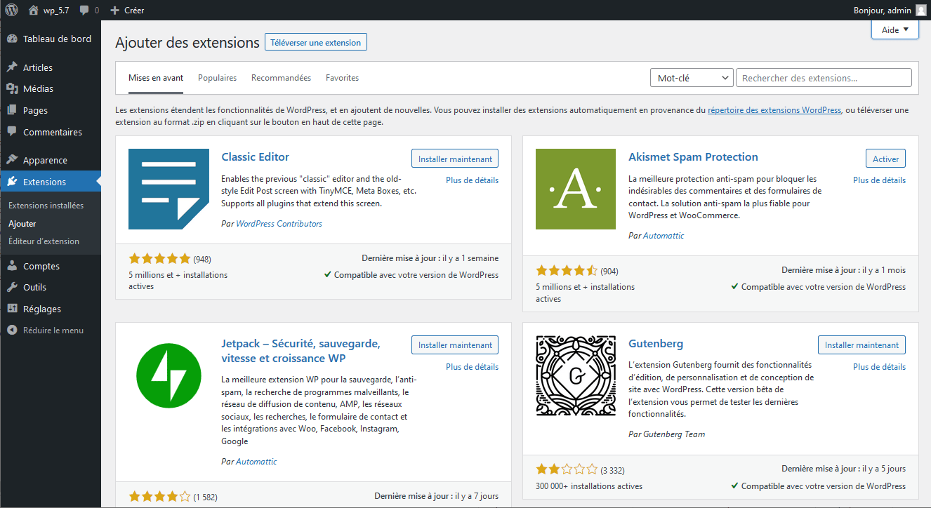 Écran Ajouter des extensions WordPress en Français