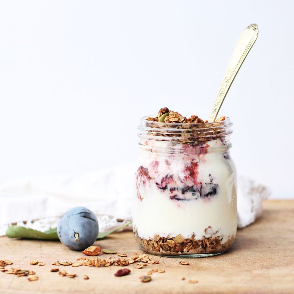 Roasted Plum Yogurt Parfait with Honey Cardamom Granola Fraiche Living