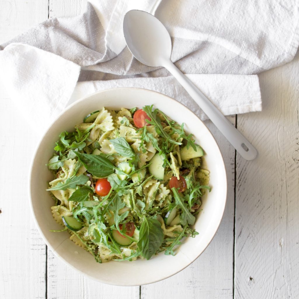 Creamy Avocado Pesto Pasta Salad by Registered Dietitian Tori Wesszer