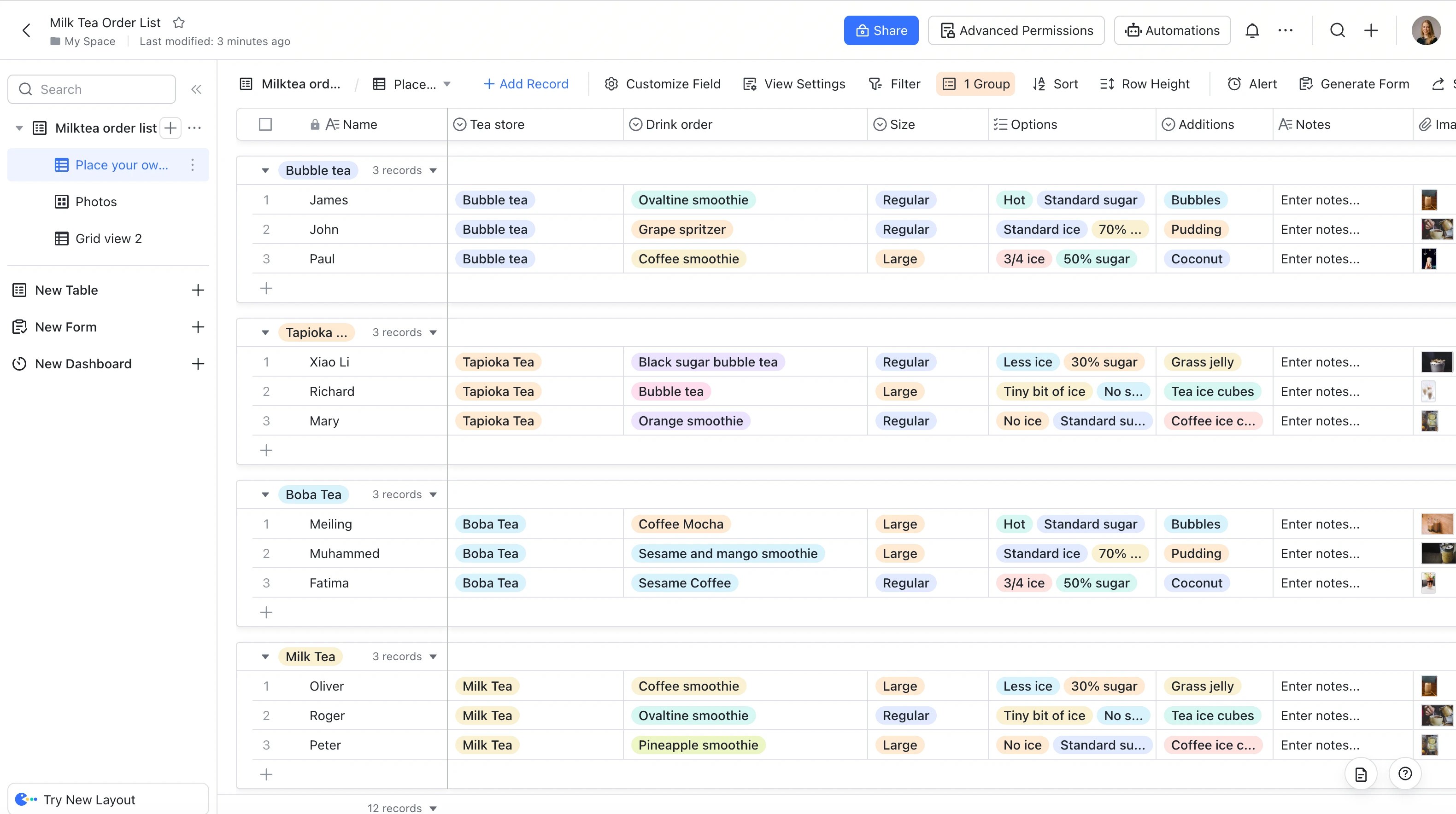 Milk tea order list Template Lark Templates