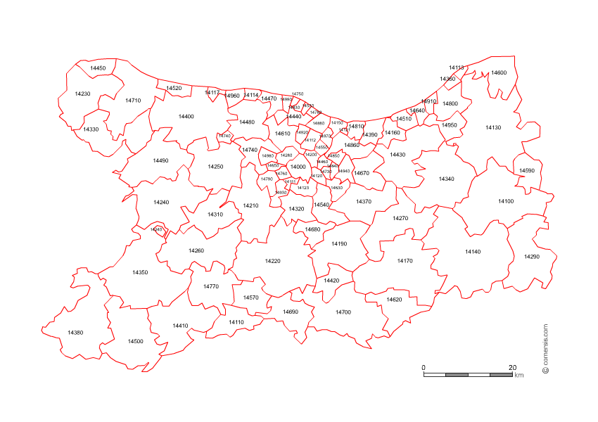 Carte des codes postaux du Calvados