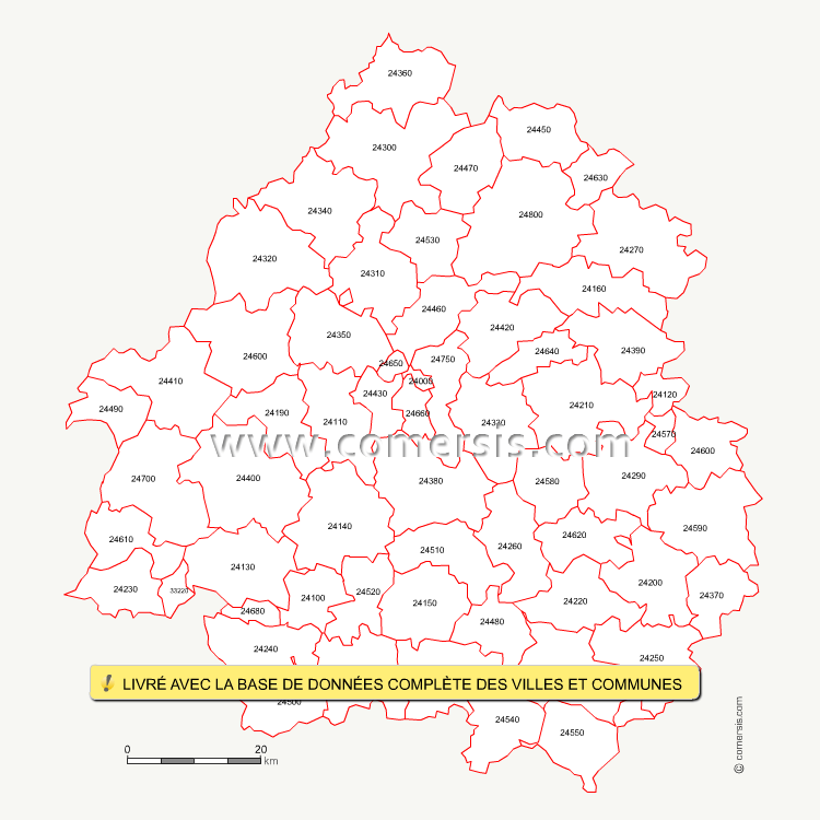 Carte des codes postaux de la Dordogne