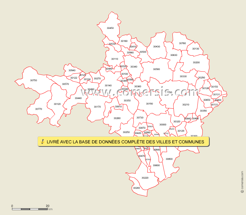 Carte des codes postaux du Gard