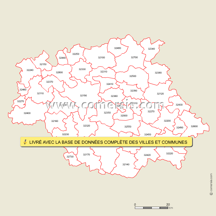 Carte des codes postaux du Gers