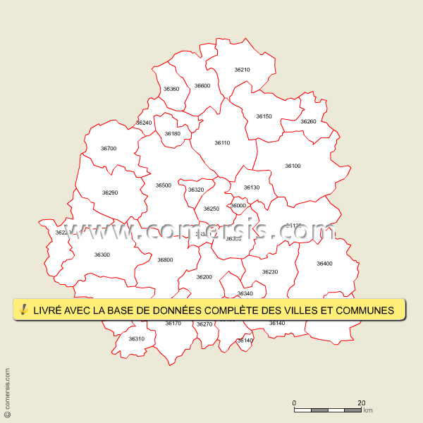 Carte des codes postaux de l'Indre