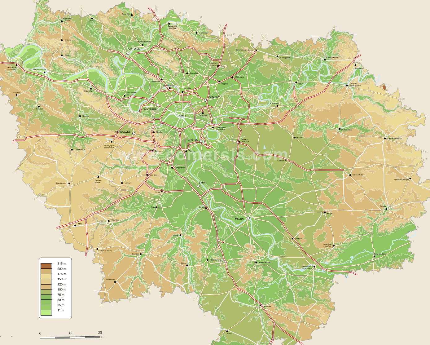 Carte Ile De France Relief Carte du relief d'ÎledeFrance