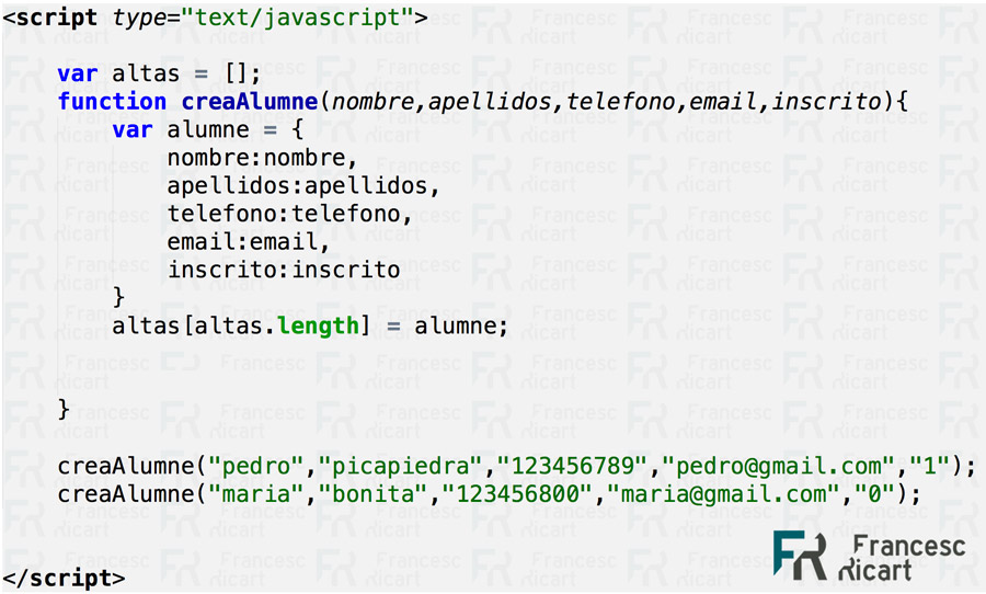 FunciÃ³n que crea un objeto y lo almacena en una lista en Javascript