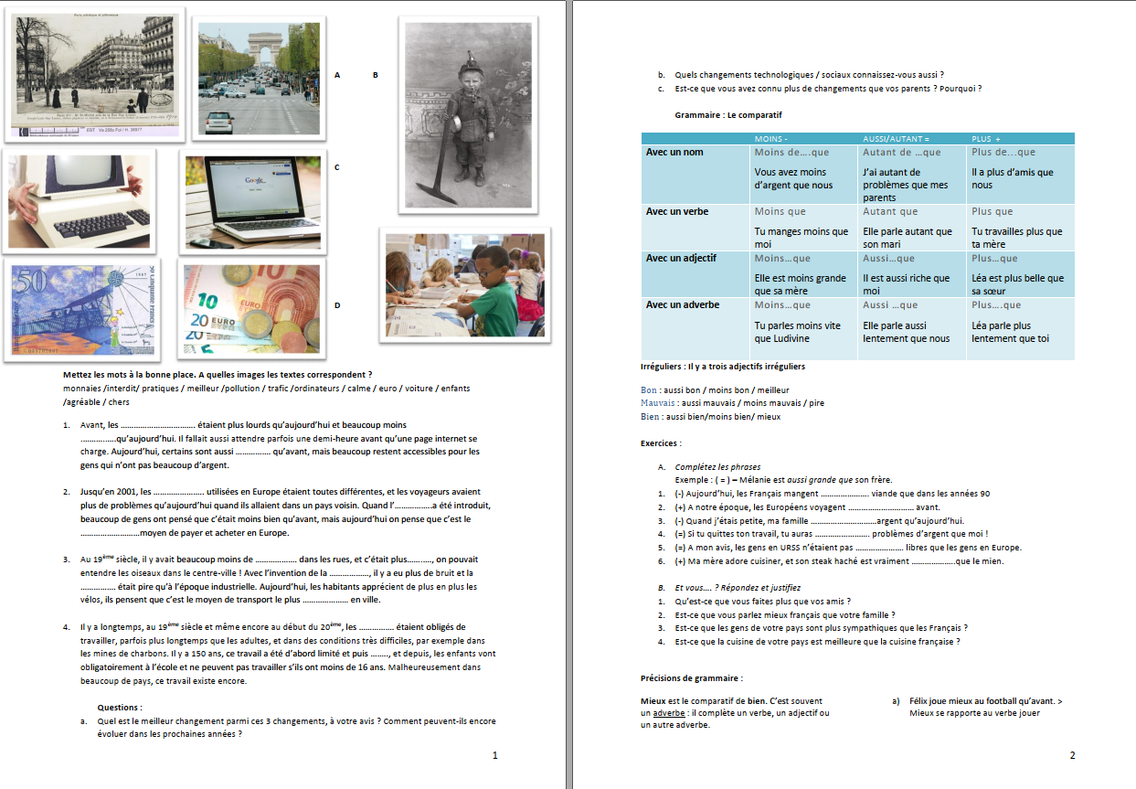 B1 Comparer des changements sociaux/technologiques Franchement FLE