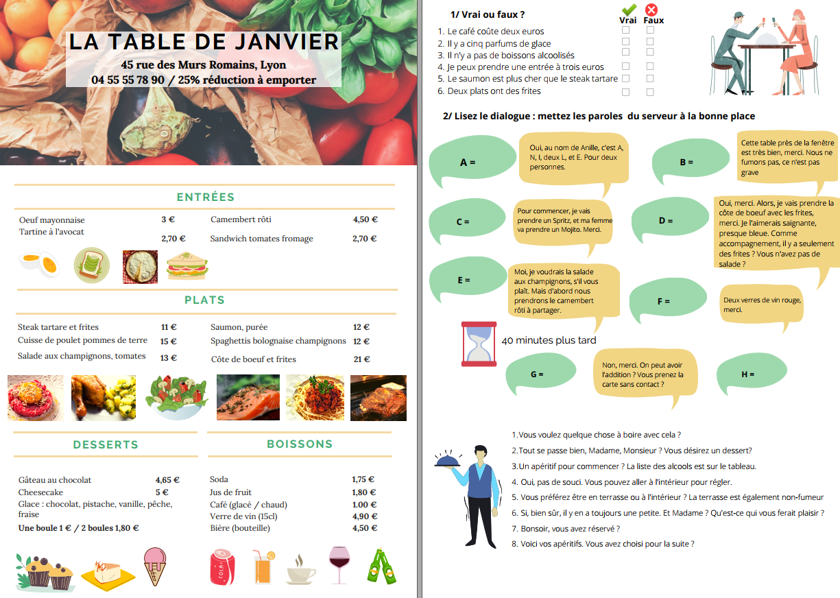 A2 / B1 Lire un menu, commander au restaurant, réagir à un problème