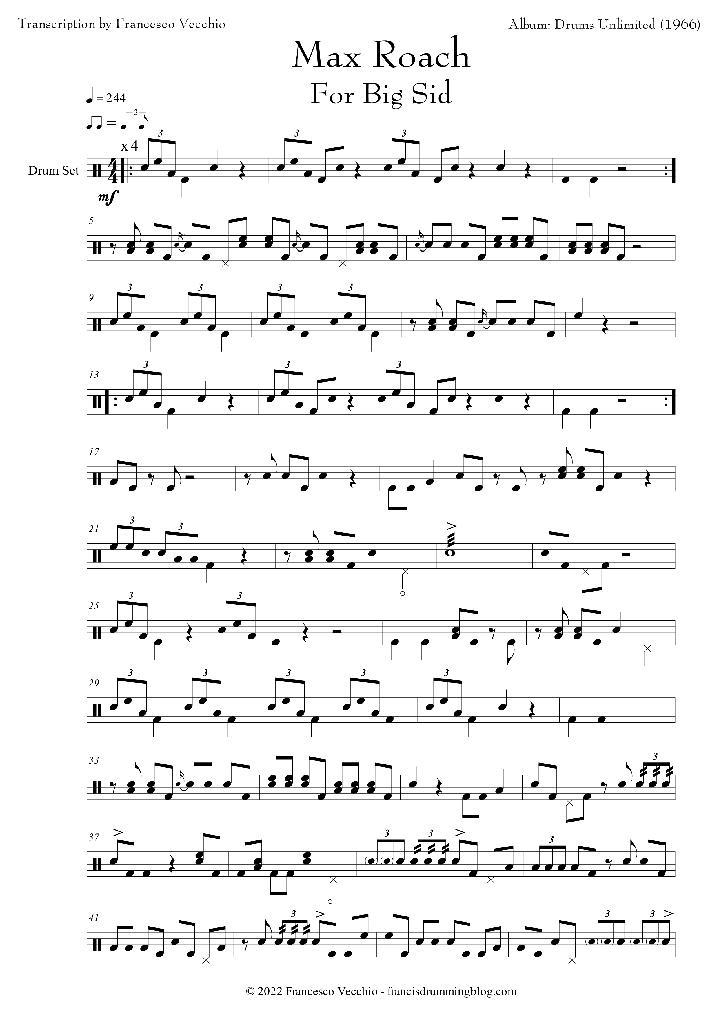 Max Roach For Big Sid (Drum Sheet Music) Francis' Drumming Blog