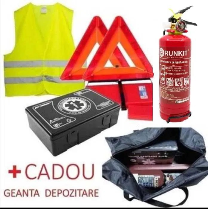 Kit siguranta auto rutiera Trusa Medicala,2x Triunghiuri,Stingator Alba