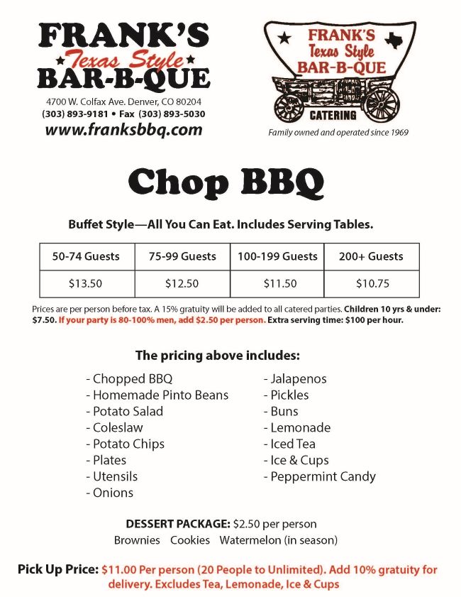 Chop BBQ Menu Frank's BarBQue Catering