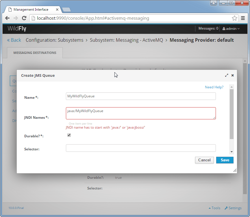 Create a Queue on Wildfly