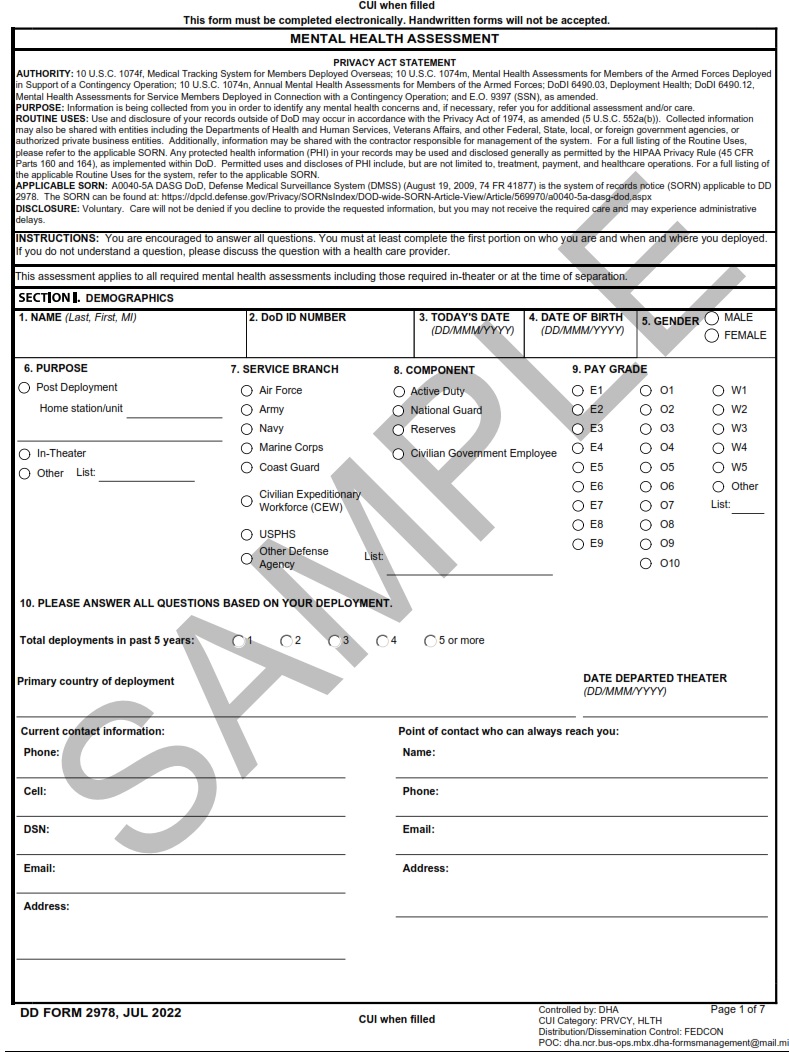 DD Form 2978 Deployment Mental Health Assessment Free Online Forms(06)