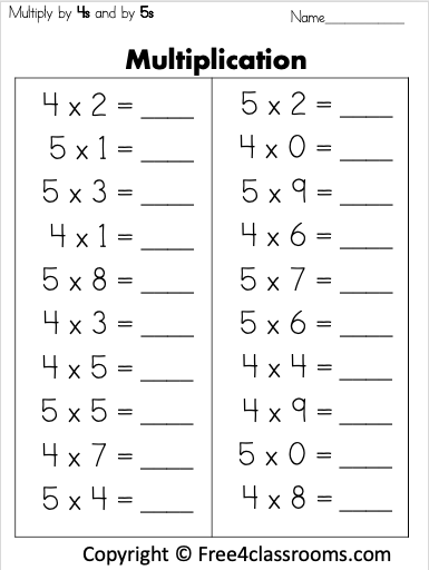 Free 1 Digit Multiplication Worksheet - Multiply By 4S And 5S - Free4Classrooms