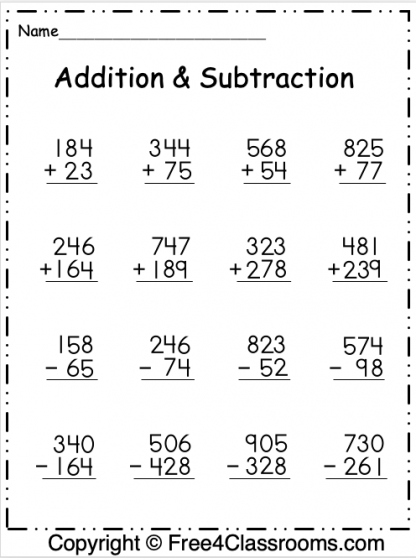 Free Addition and Subtraction Worksheet - Regrouping - Free Worksheets