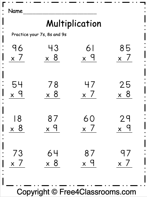 Free Multiplication Worksheet - 7s, 8s and 9s - Free Worksheets