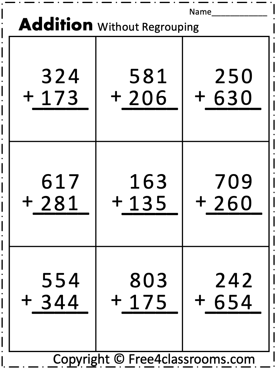 Free Addition Worksheet 3 Digit Numbers Without Regrouping - Free