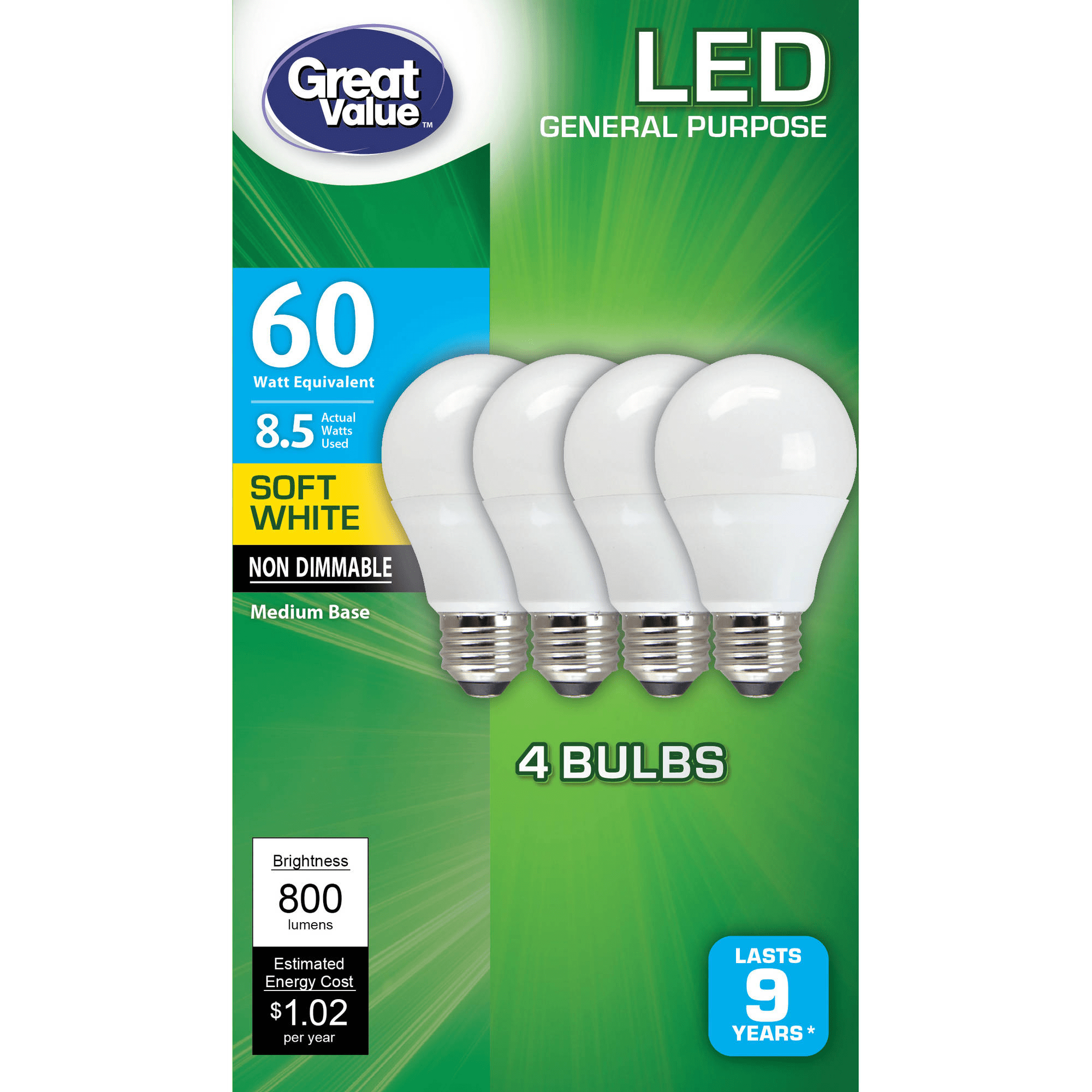 Great Value LED Light Bulbs (60 Equivalent) 4 Count Only $4.97