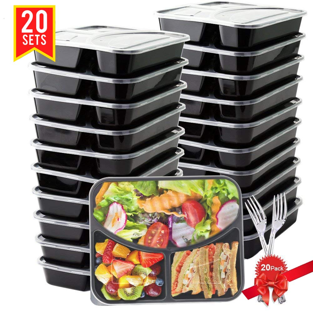 Meal Prep Containers (20 Pack) 3 Compartment with Lids Only 9.59