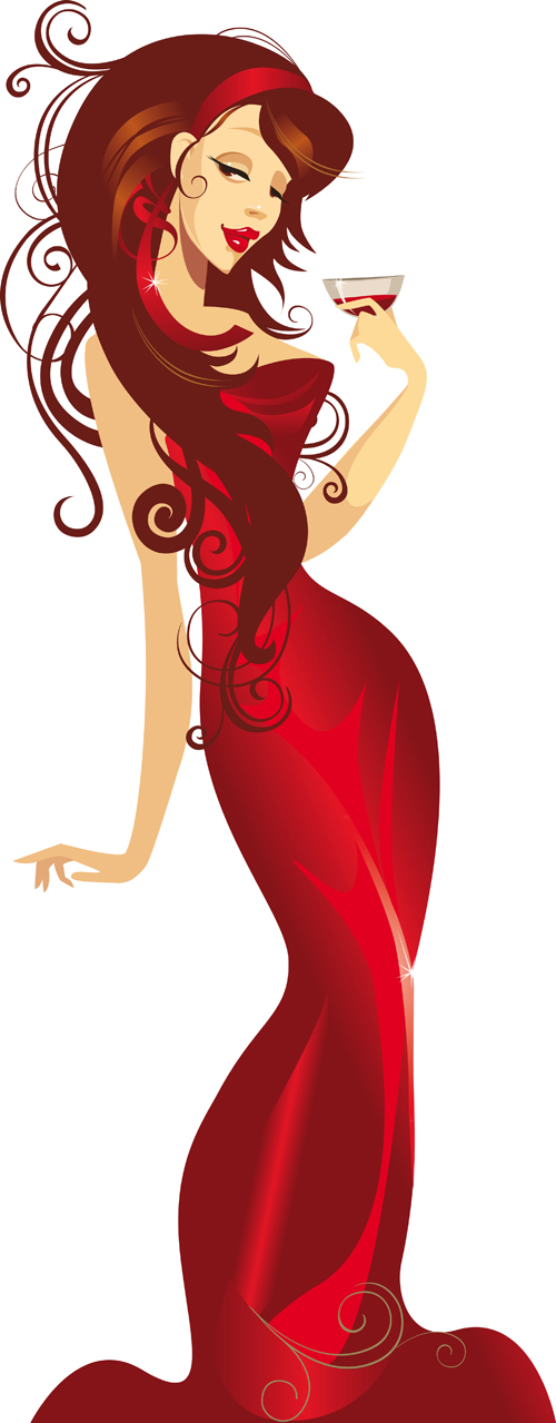 Beautiful Lady in red vector set 05 free download