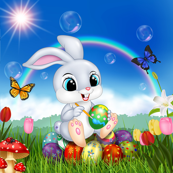 Cute bunny easter background with rainbow vector 07 free download