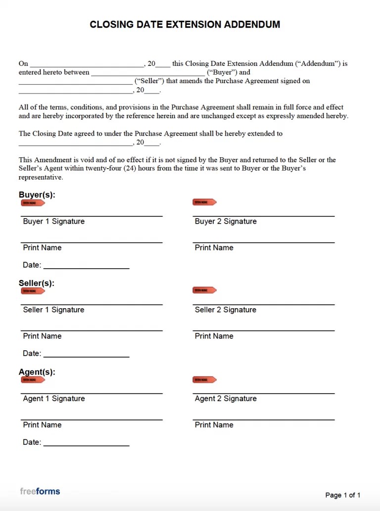 Free Closing Date Extension Addendum PDF WORD