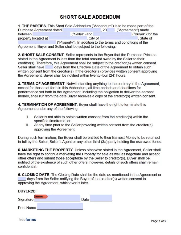 Free Short Sale Addendum PDF WORD