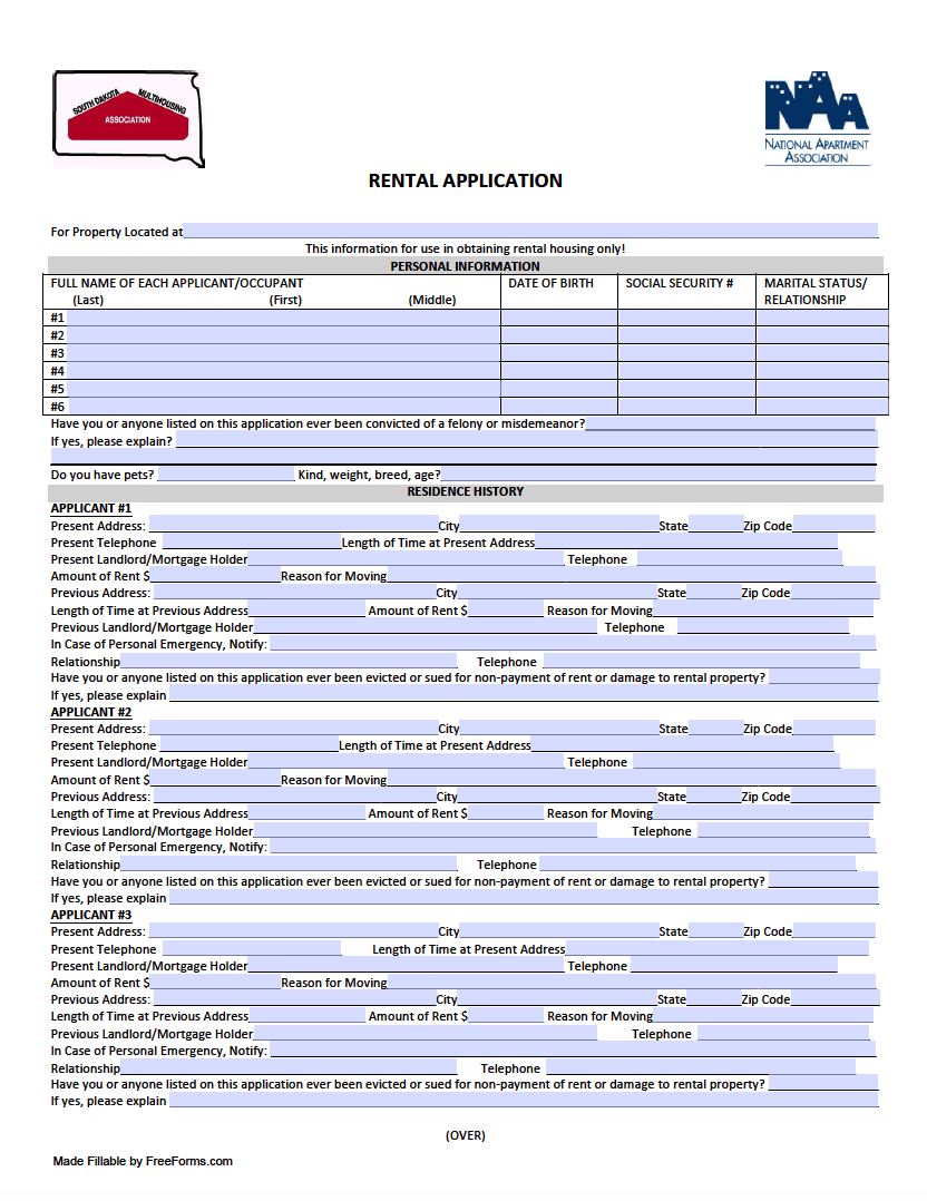 Free South Dakota Rental Application Form PDF