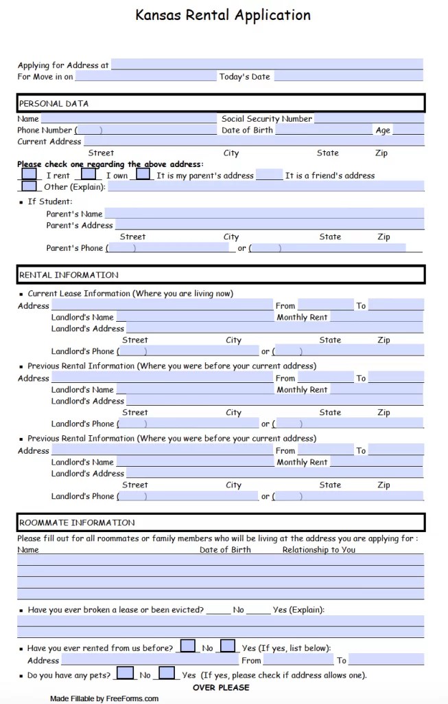 Free Kansas Residential Rental Application Form PDF
