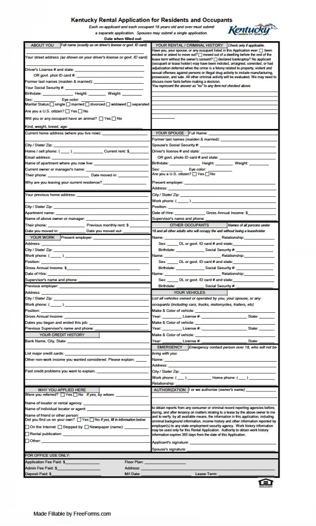 Free Kentucky Residential Rental Application Form PDF