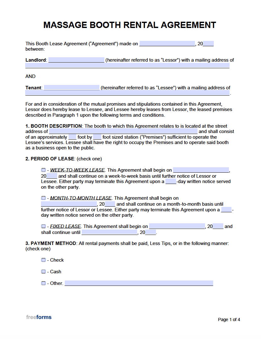 Free Massage Therapist Booth Rental Agreement PDF WORD