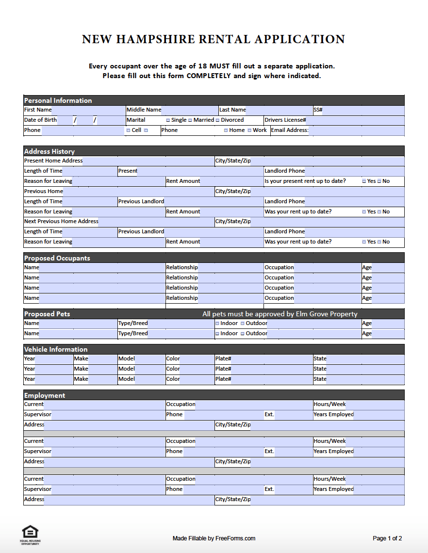 Free New Hampshire Rental Application Form PDF
