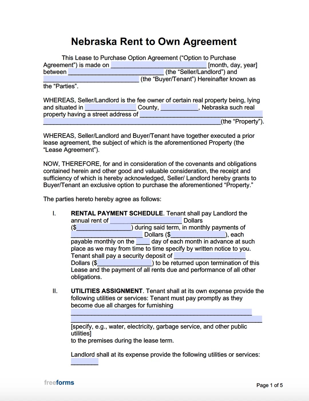 Free Nebraska Rent to Own Agreement Form PDF WORD