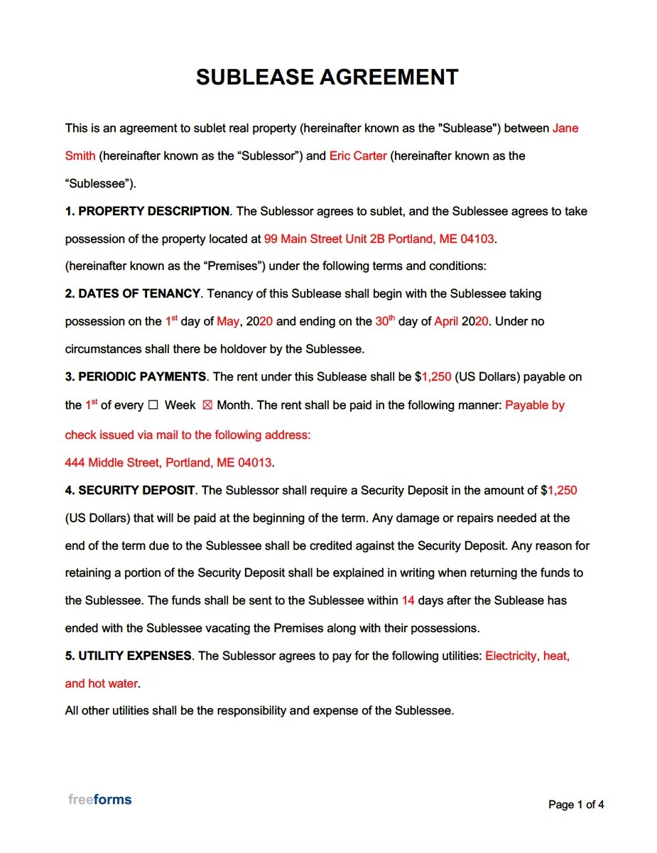 Free Sublease Agreement Template PDF WORD