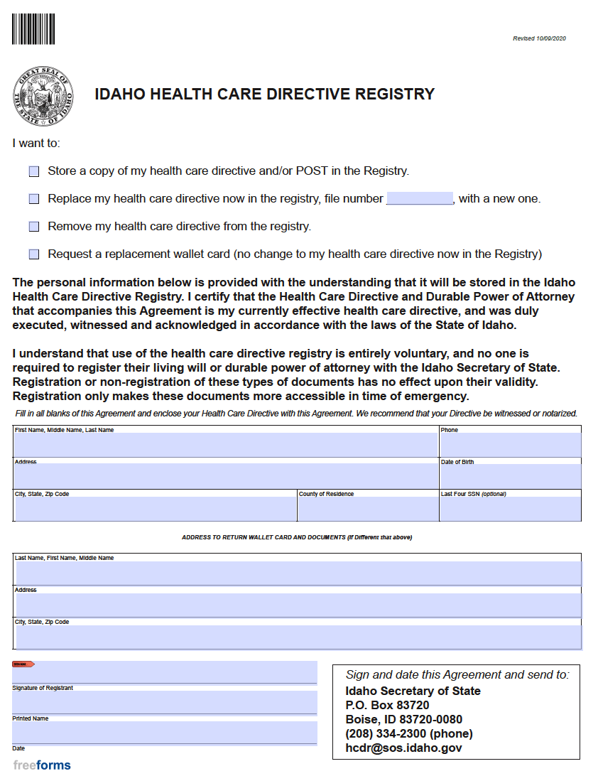 Free Idaho Advance Directive Form (Medical POA & Living Will) PDF