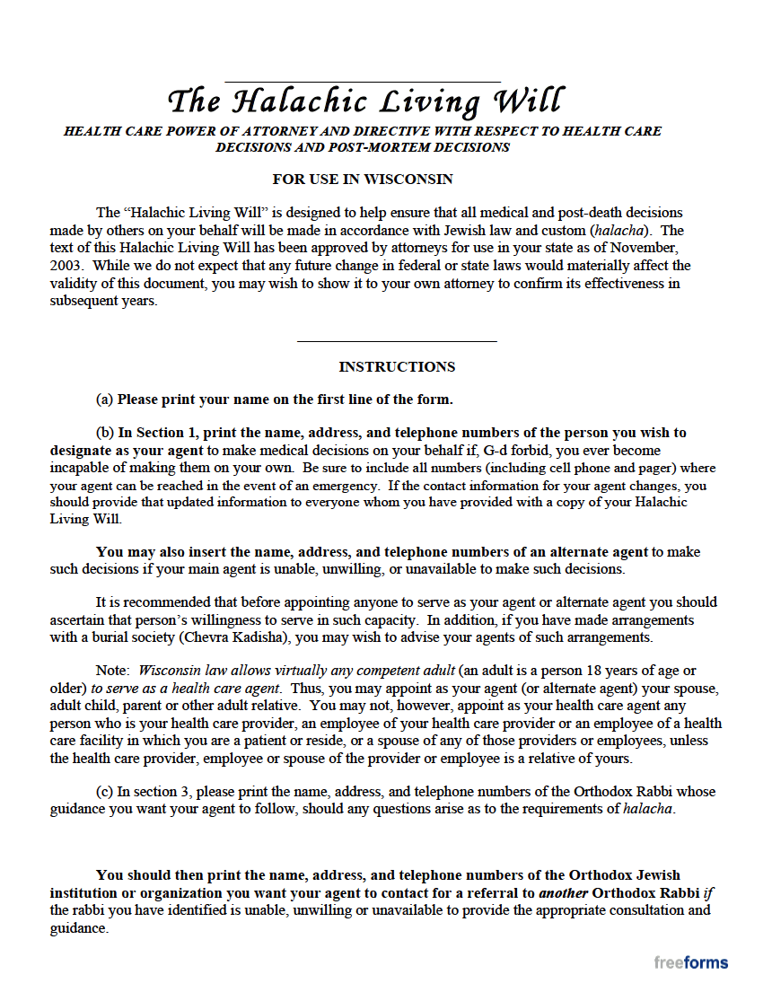 Free Wisconsin Living Will Form PDF