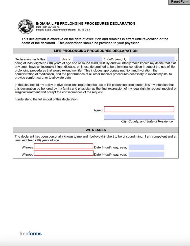 Free Indiana Living Will Form PDF WORD