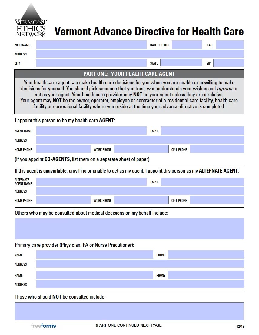 Free Vermont Advance Directive Form (Medical POA & Living Will) PDF