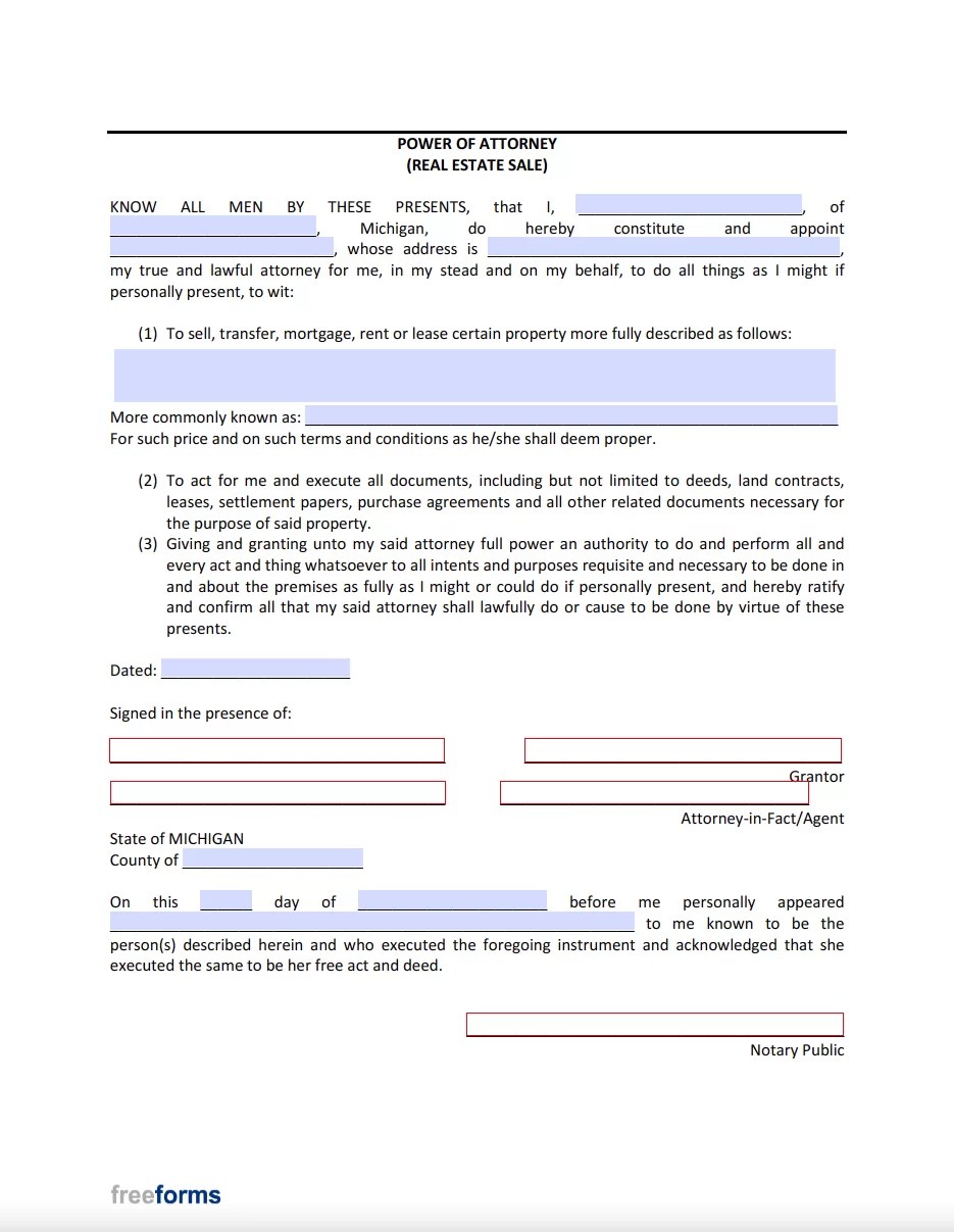 Free Michigan Real Estate Power of Attorney Form PDF WORD