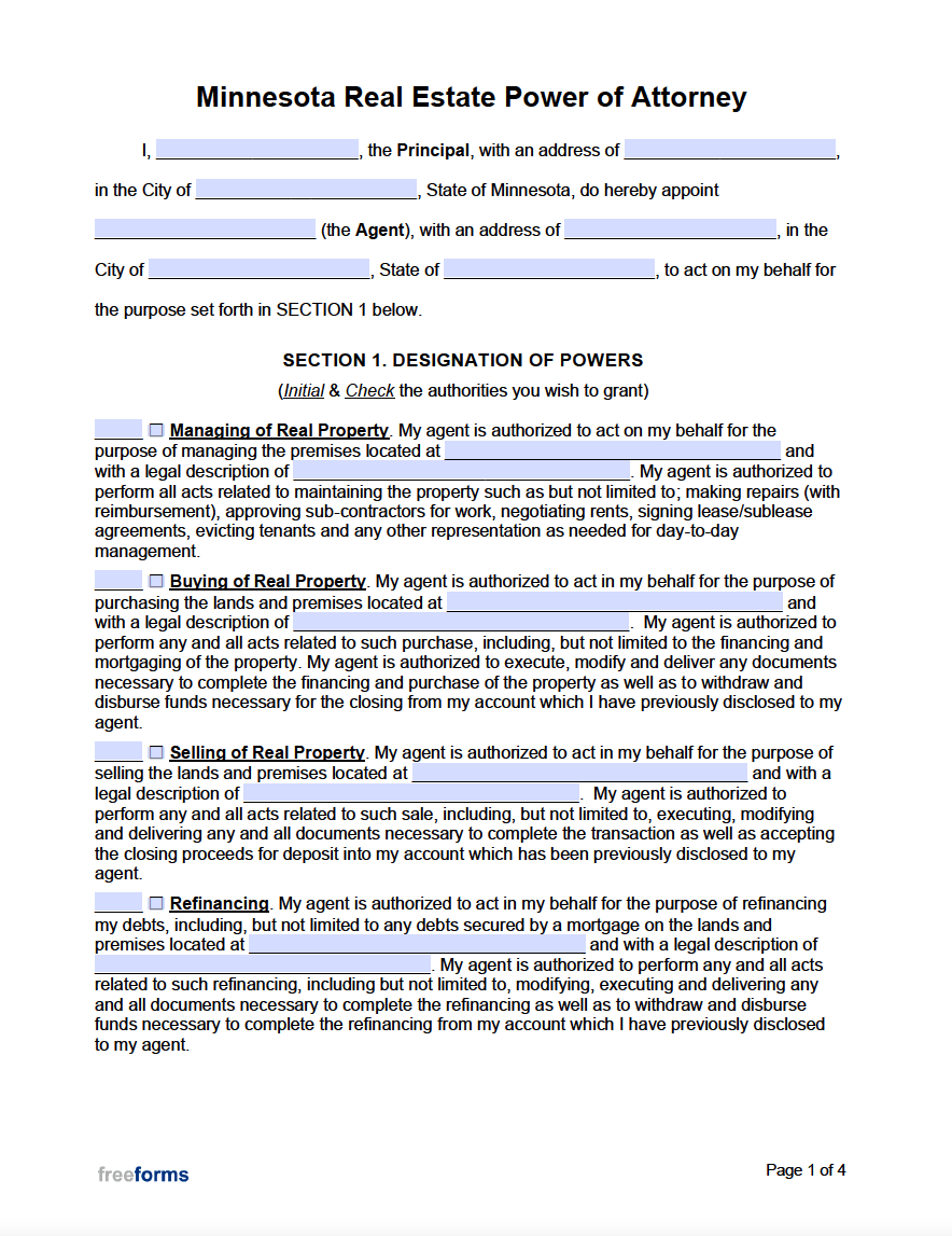 Free Minnesota Real Estate Power of Attorney Form PDF WORD