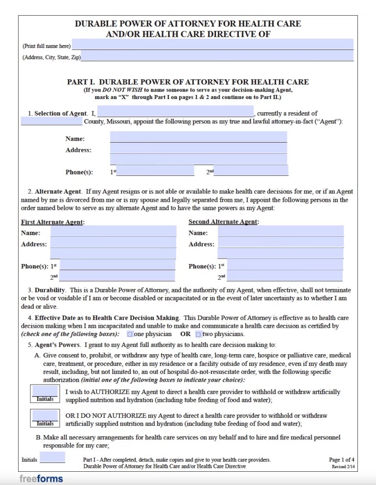 Free Missouri Advance Directive Form (Medical POA & Living Will) PDF